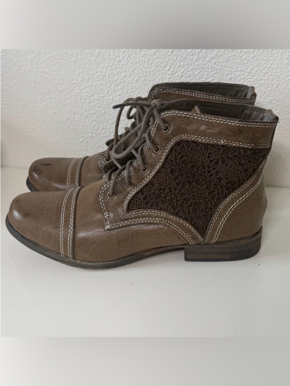 XOXO Brave Boho Crochet Lace Inset Brown Distressed Vegan Combat Boots Size 8.5
